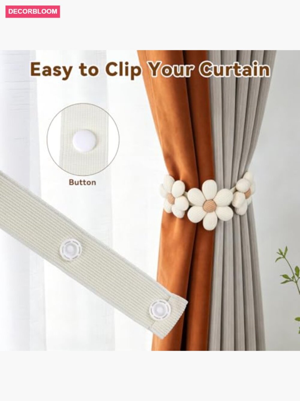 Magnetic Wood Bead Curtain Tiebacks Set of 2 No Drilling Soft Cotton Terylene - Picture 3 of 6